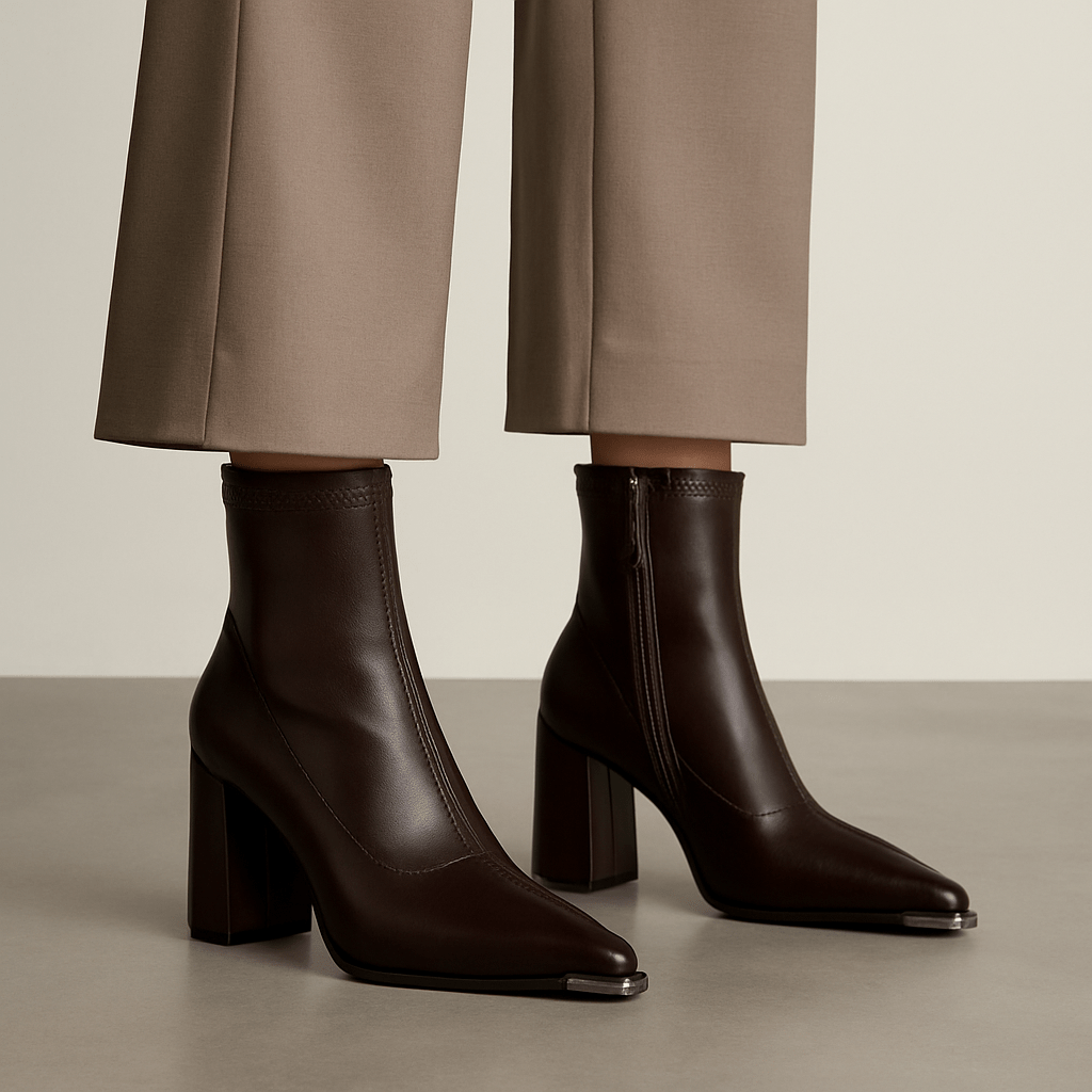 Camille Sleek Pointed Toe Pull On Ankle Boot with Chrome Tip and Block Heel