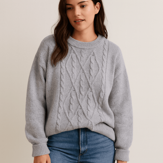 Carmen Oversized Cable Knit Crewneck Pullover with Diamond Knit Panel and Ribbed Trim