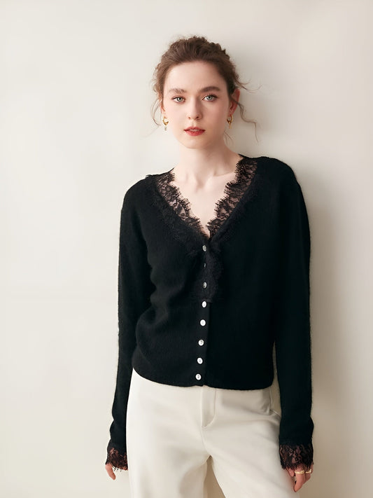 Cashmere Lace Trim Knit Cardigan with Deep V Neck and Pearl Button Front