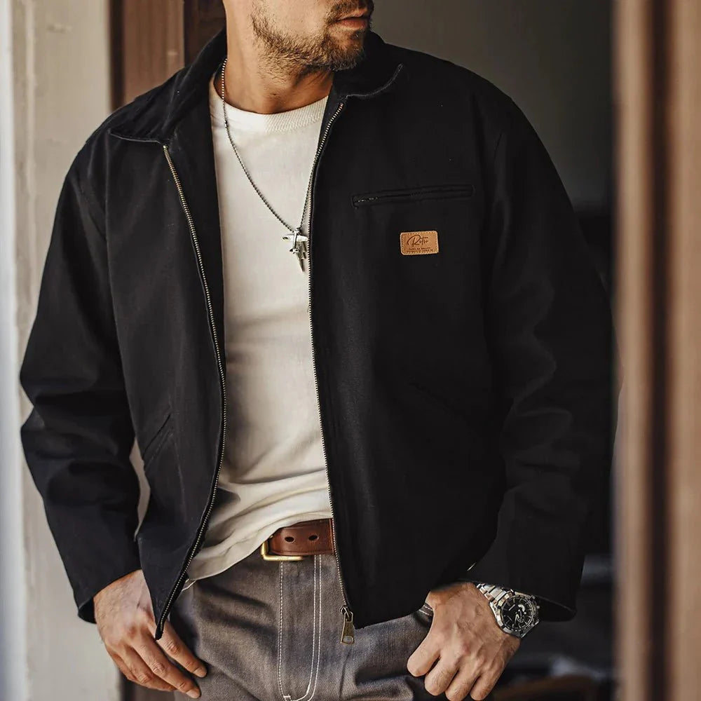 Crewman Canvas Trucker Jacket with Corduroy Collar and Chest Zip Pocket
