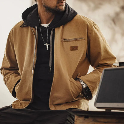 Crewman Canvas Trucker Jacket with Corduroy Collar and Chest Zip Pocket
