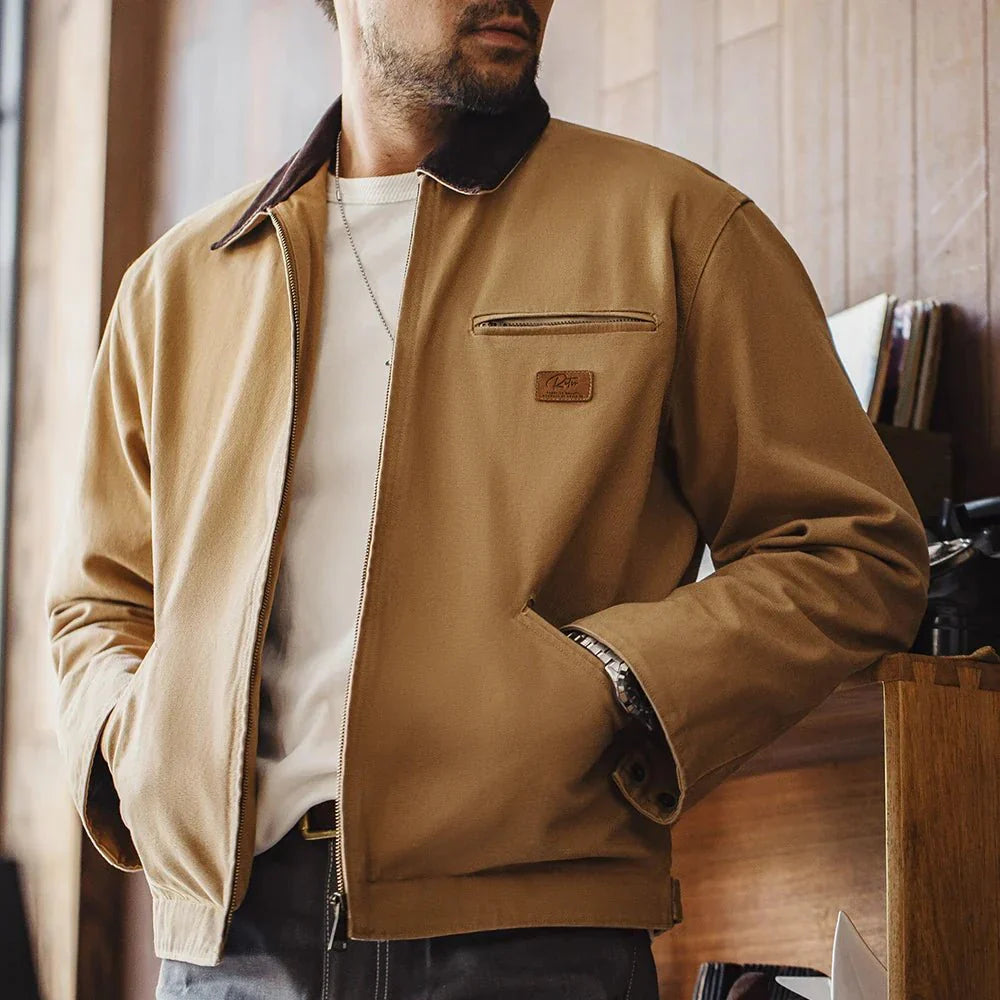 Crewman Canvas Trucker Jacket with Corduroy Collar and Chest Zip Pocket