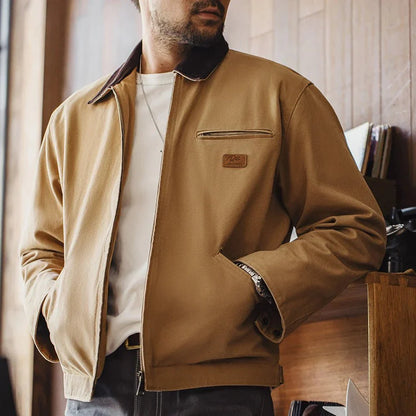 Crewman Canvas Trucker Jacket with Corduroy Collar and Chest Zip Pocket