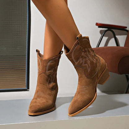 Dakota Suede Western Ankle Boot with Embroidered Stitch Detail and Block Heel