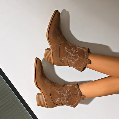 Dakota Suede Western Ankle Boot with Embroidered Stitch Detail and Block Heel