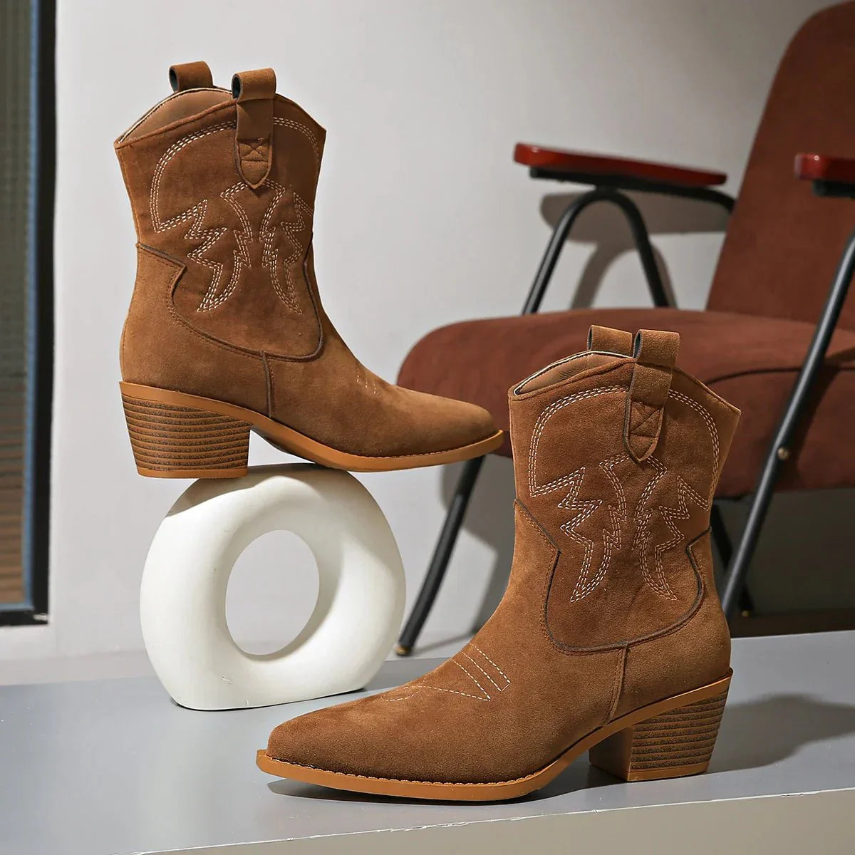 Dakota Suede Western Ankle Boot with Embroidered Stitch Detail and Block Heel
