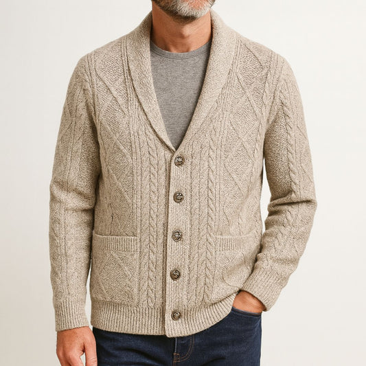 Dalton Diamond Cable Knit Cardigan with Shawl Collar and Dual Front Patch Pockets