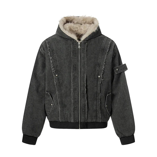 Distressed Denim Fur Jacket with Raw Edge Seams and Shearling Lined Hood