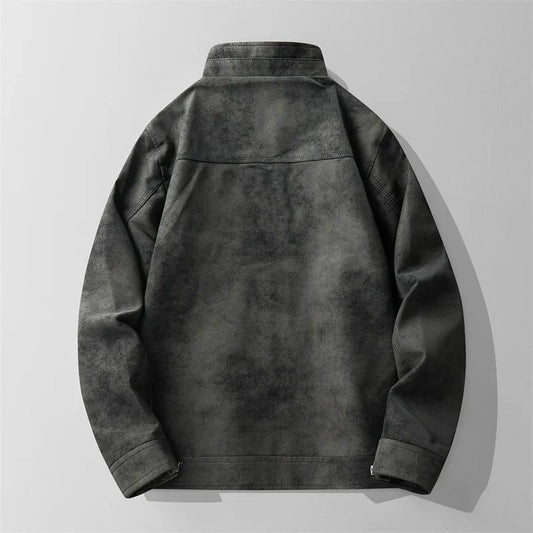 Distressed Suede Full Zip Moto Jacket with Stand Collar, Zip Cuffs and Pockets