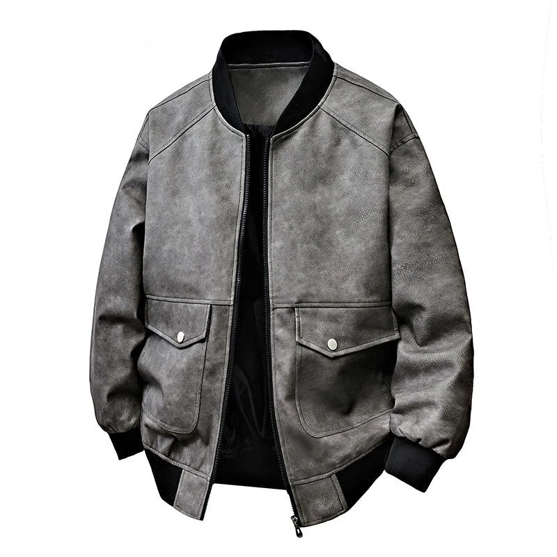 Drift Washed Leather Zip Bomber with Large Snap Flap Pockets and Ribbed Trim
