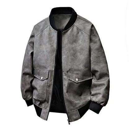 Drift Washed Leather Zip Bomber with Large Snap Flap Pockets and Ribbed Trim