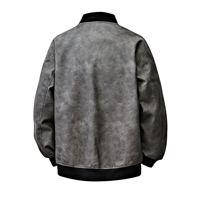 Drift Washed Leather Zip Bomber with Large Snap Flap Pockets and Ribbed Trim