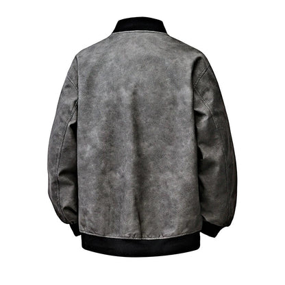 Drift Washed Leather Zip Bomber with Large Snap Flap Pockets and Ribbed Trim