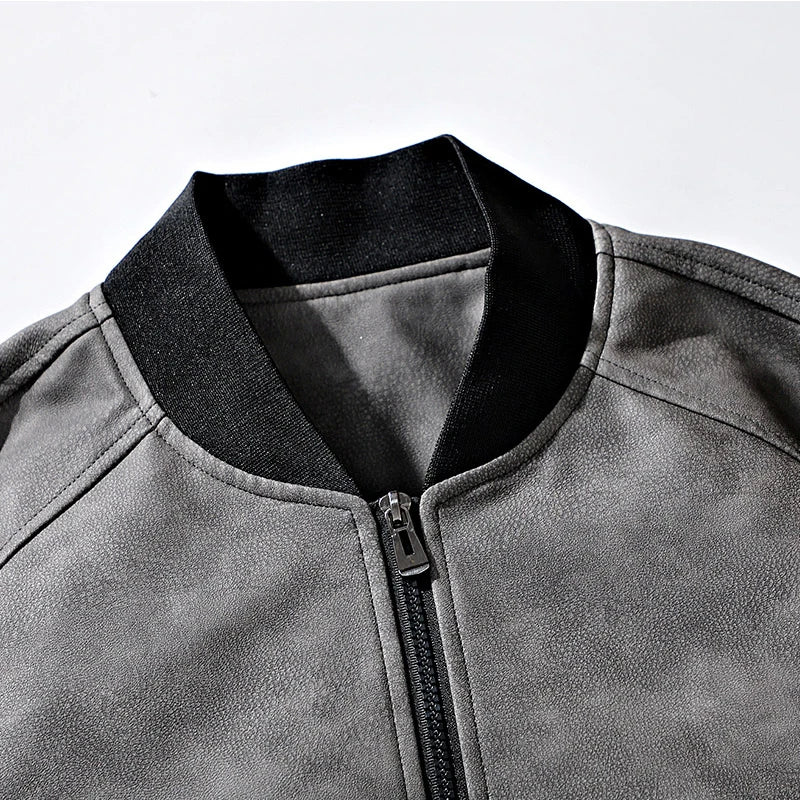 Drift Washed Leather Zip Bomber with Large Snap Flap Pockets and Ribbed Trim
