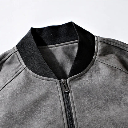 Drift Washed Leather Zip Bomber with Large Snap Flap Pockets and Ribbed Trim