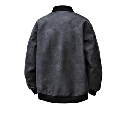 Drift Washed Leather Zip Bomber with Large Snap Flap Pockets and Ribbed Trim