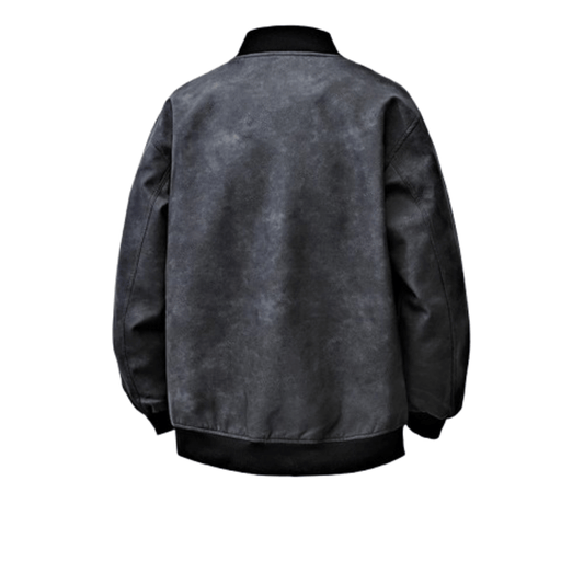 Drift Washed Leather Zip Bomber with Large Snap Flap Pockets and Ribbed Trim