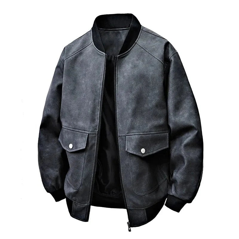 Drift Washed Leather Zip Bomber with Large Snap Flap Pockets and Ribbed Trim