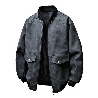 Drift Washed Leather Zip Bomber with Large Snap Flap Pockets and Ribbed Trim