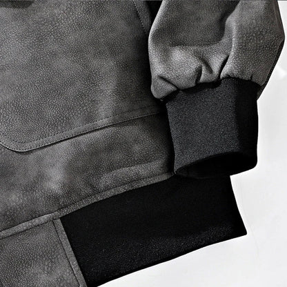 Drift Washed Leather Zip Bomber with Large Snap Flap Pockets and Ribbed Trim