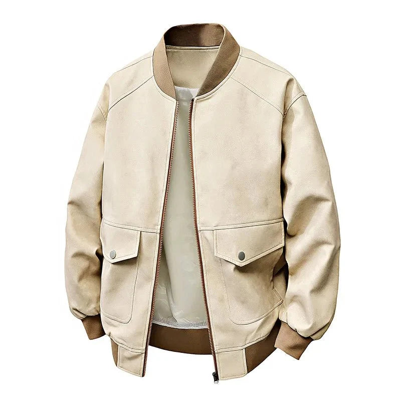 Drift Washed Leather Zip Bomber with Large Snap Flap Pockets and Ribbed Trim