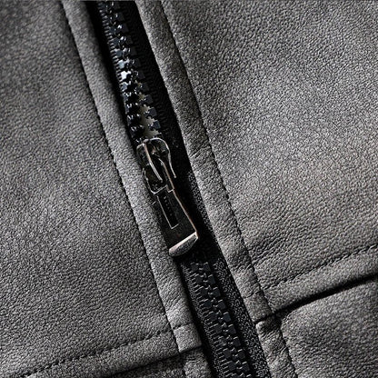 Drift Washed Leather Zip Bomber with Large Snap Flap Pockets and Ribbed Trim