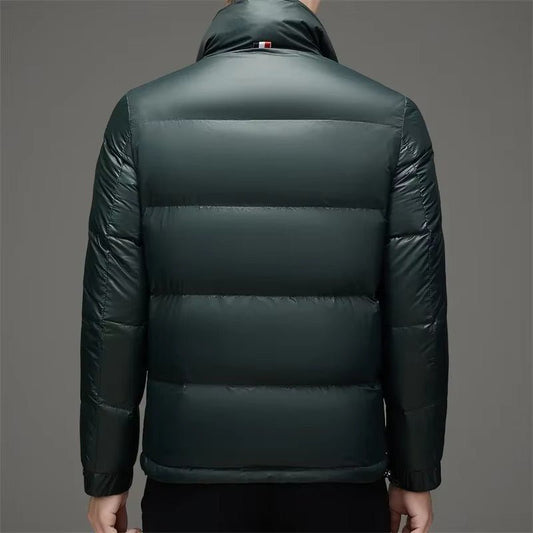 Enzo Glossy Quilted Puffer Jacket with Stand Collar and Dual Side Zip Pockets