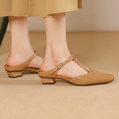 Estelle Woven Leather Mules featuring Square Toe Low Block Heel and T-Strap Buckle