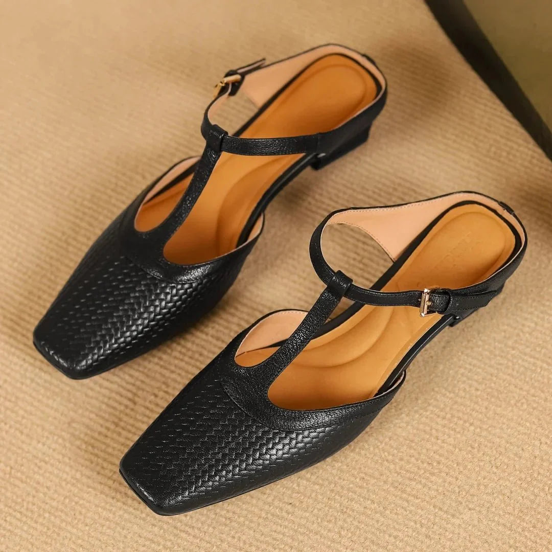 Estelle Woven Leather Mules featuring Square Toe Low Block Heel and T-Strap Buckle