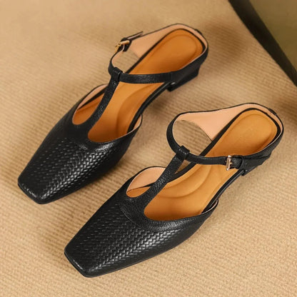 Estelle Woven Leather Mules featuring Square Toe Low Block Heel and T-Strap Buckle