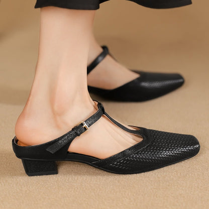 Estelle Woven Leather Mules featuring Square Toe Low Block Heel and T-Strap Buckle