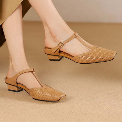 Estelle Woven Leather Mules featuring Square Toe Low Block Heel and T-Strap Buckle