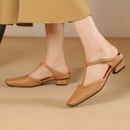 Estelle Woven Leather Mules featuring Square Toe Low Block Heel and T-Strap Buckle
