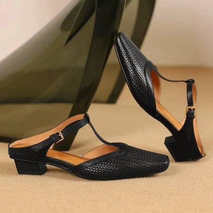 Estelle Woven Leather Mules featuring Square Toe Low Block Heel and T-Strap Buckle
