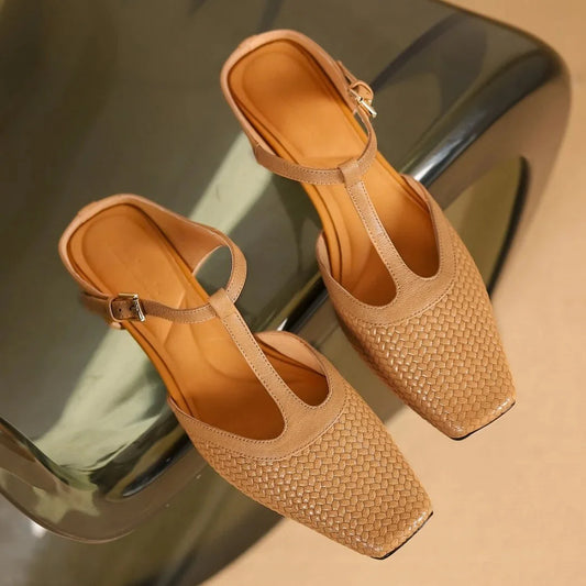 Estelle Woven Leather Mules featuring Square Toe Low Block Heel and T-Strap Buckle