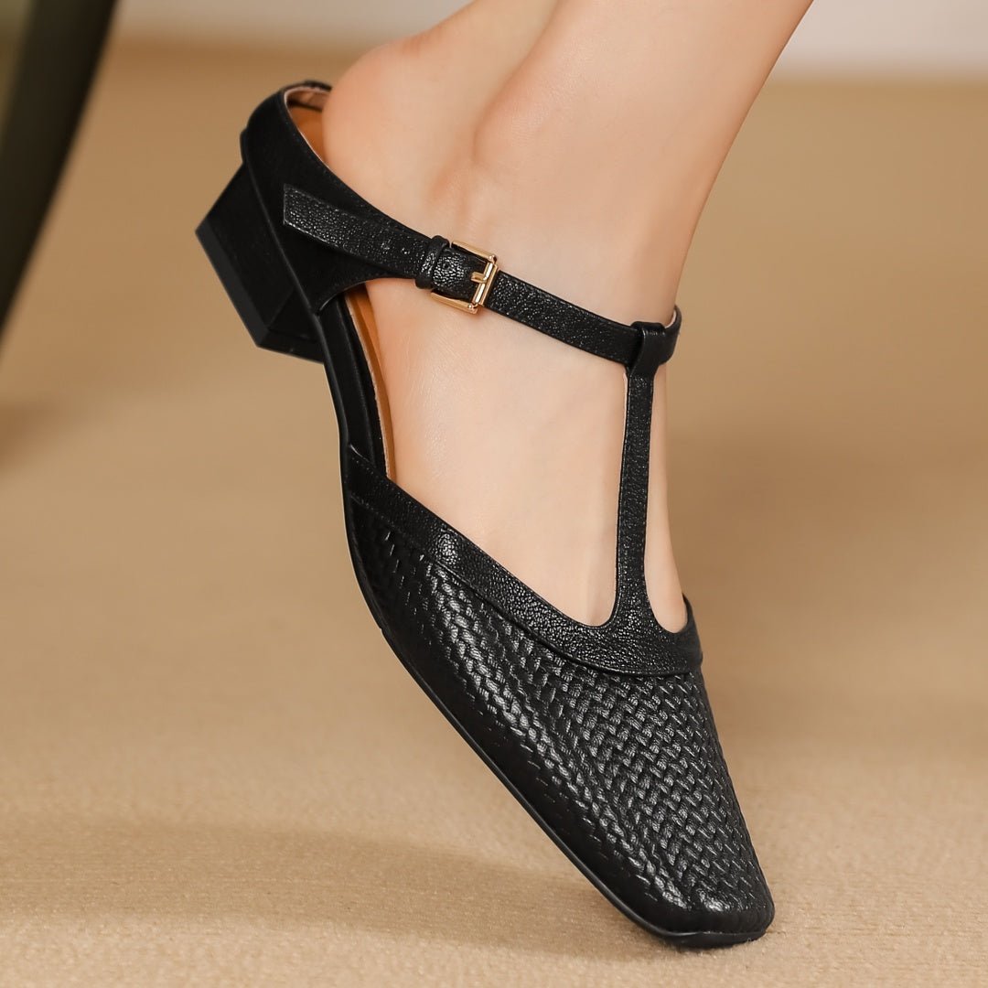 Estelle Woven Leather Mules featuring Square Toe Low Block Heel and T-Strap Buckle