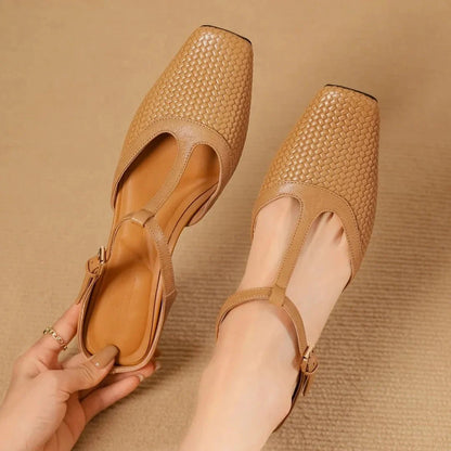 Estelle Woven Leather Mules featuring Square Toe Low Block Heel and T-Strap Buckle