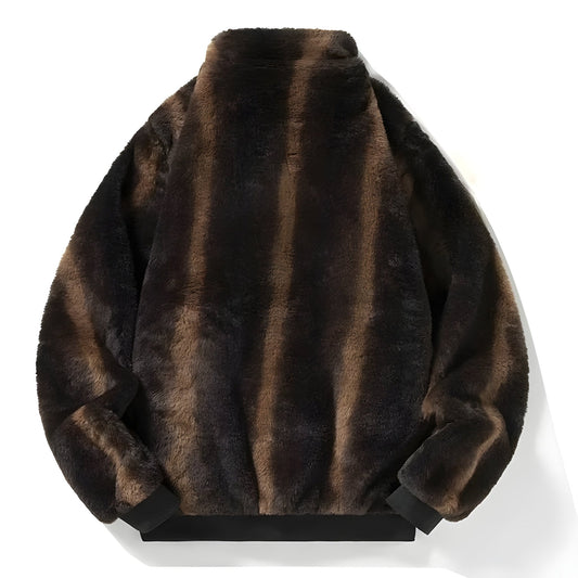 Faux Fur Cropped Bomber Jacket featuring Notch Collar and Contrast Ribbed Hem