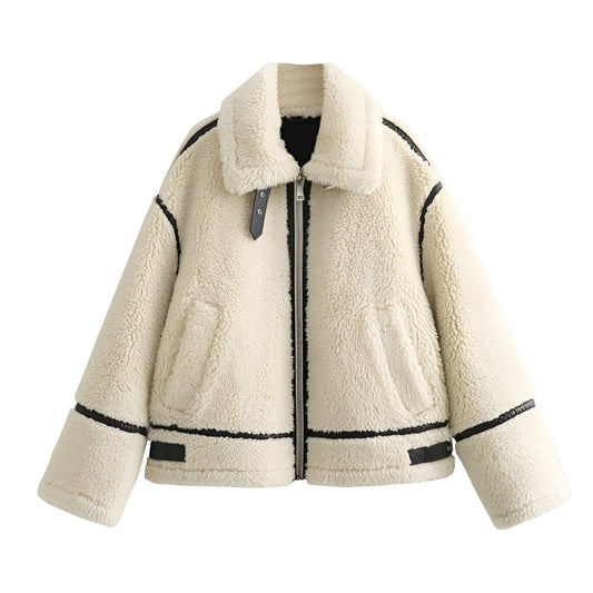 Fleece Biker Jacket with Contrast Leather Trim Lapel Collar and Full Zip Front