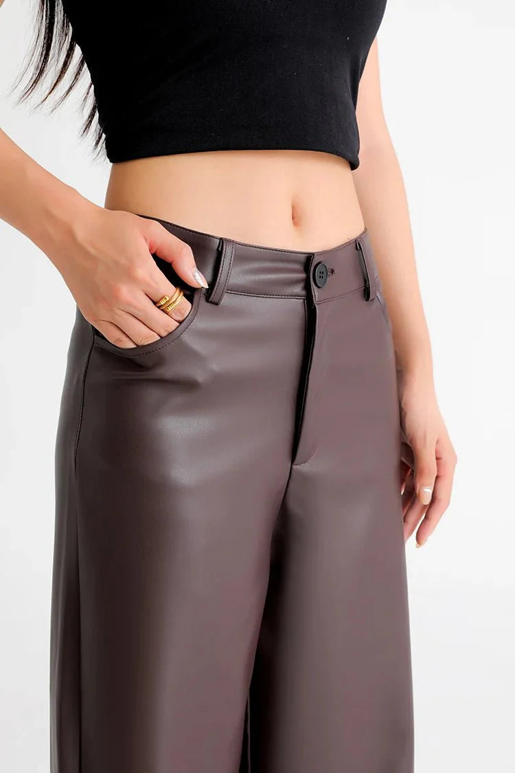 Fleece Lined Leather Pants featuring Straight Wide Leg and Zip Fly Front