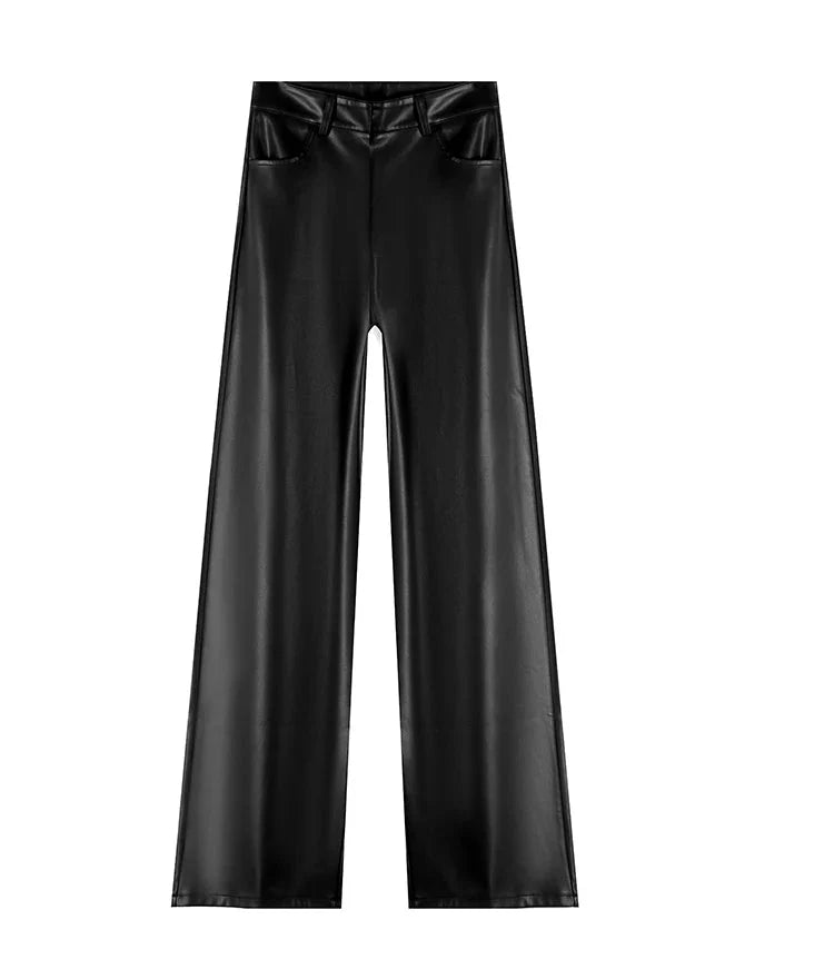 Fleece Lined Leather Pants featuring Straight Wide Leg and Zip Fly Front