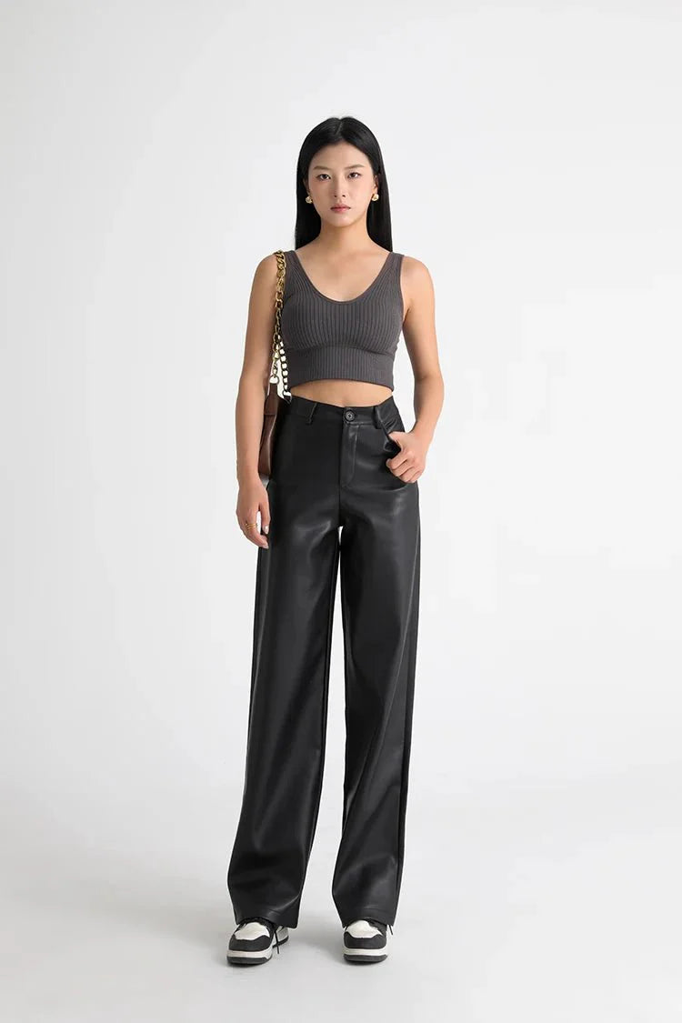 Fleece Lined Leather Pants featuring Straight Wide Leg and Zip Fly Front