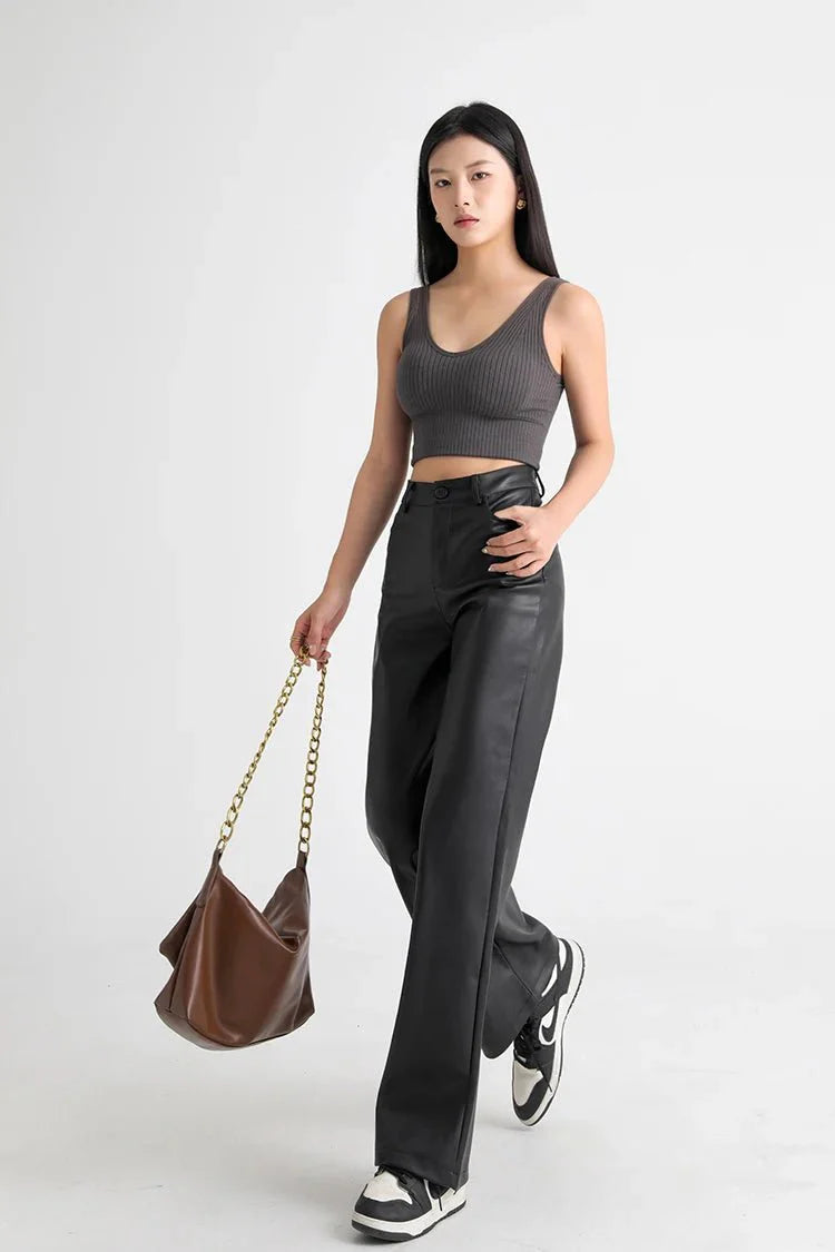 Fleece Lined Leather Pants featuring Straight Wide Leg and Zip Fly Front