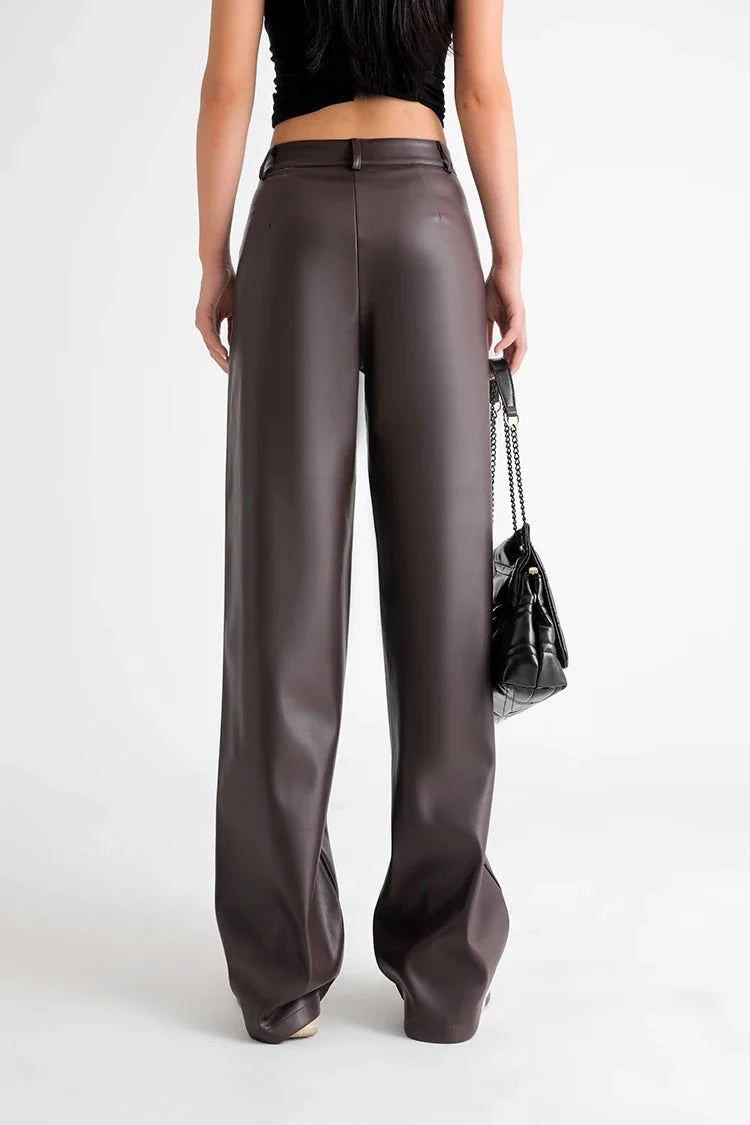 Fleece Lined Leather Pants featuring Straight Wide Leg and Zip Fly Front