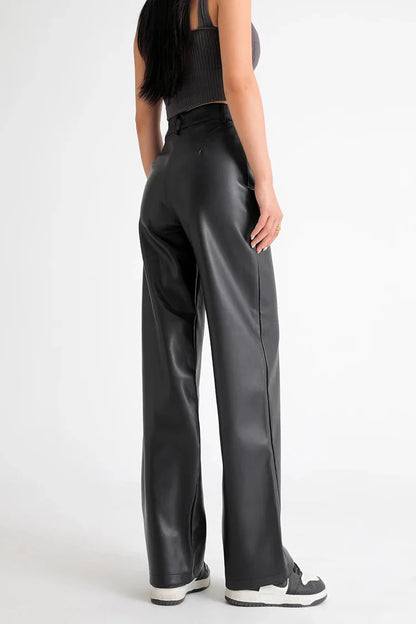 Fleece Lined Leather Pants featuring Straight Wide Leg and Zip Fly Front