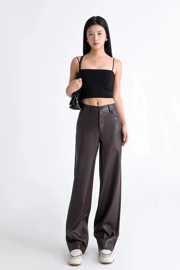 Fleece Lined Leather Pants featuring Straight Wide Leg and Zip Fly Front