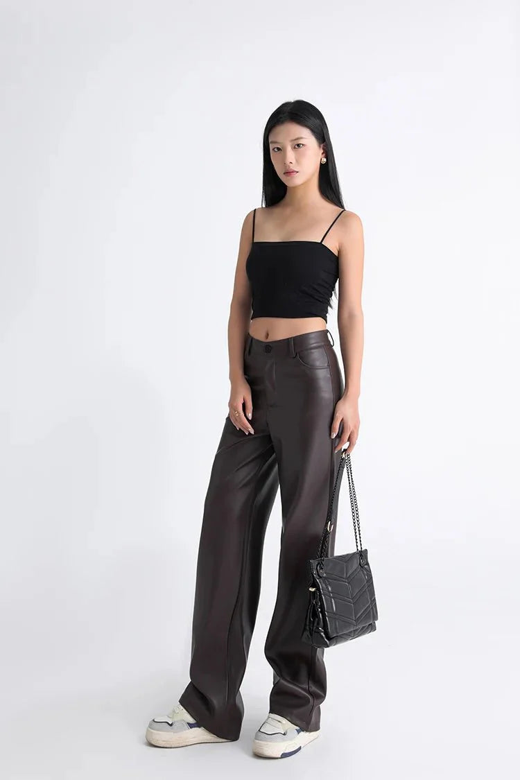 Fleece Lined Leather Pants featuring Straight Wide Leg and Zip Fly Front