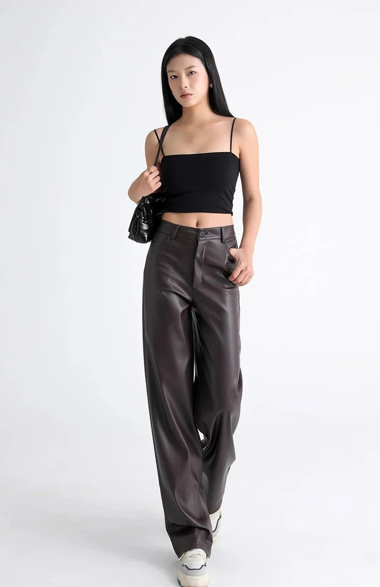 Fleece Lined Leather Pants featuring Straight Wide Leg and Zip Fly Front
