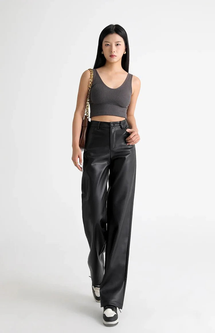 Fleece Lined Leather Pants featuring Straight Wide Leg and Zip Fly Front