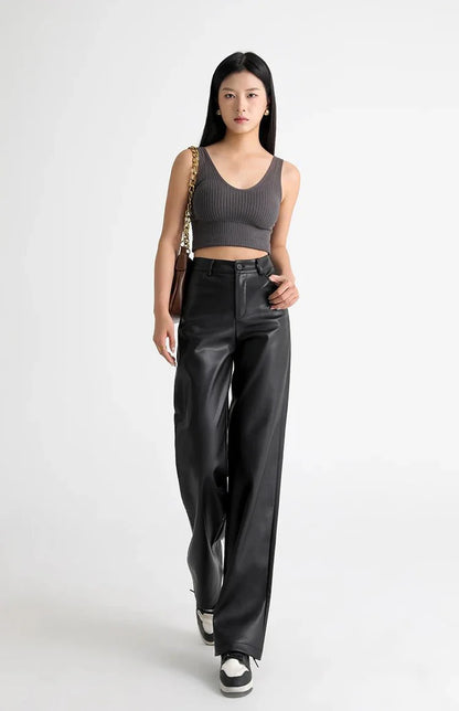 Fleece Lined Leather Pants featuring Straight Wide Leg and Zip Fly Front